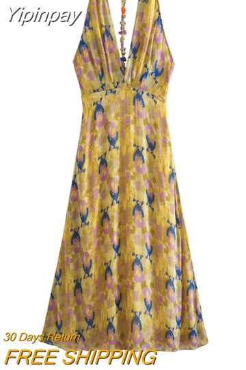 Yipinpay 2023 Print Halter Long Dress Women Summer Sexy Backless Dress Woman Knot Off Shoulder Midi Beach Holiday Party Dresses